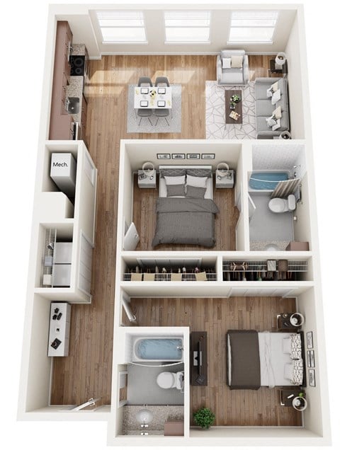 Floor plan for 2 beds, 2 baths, 952 sqft